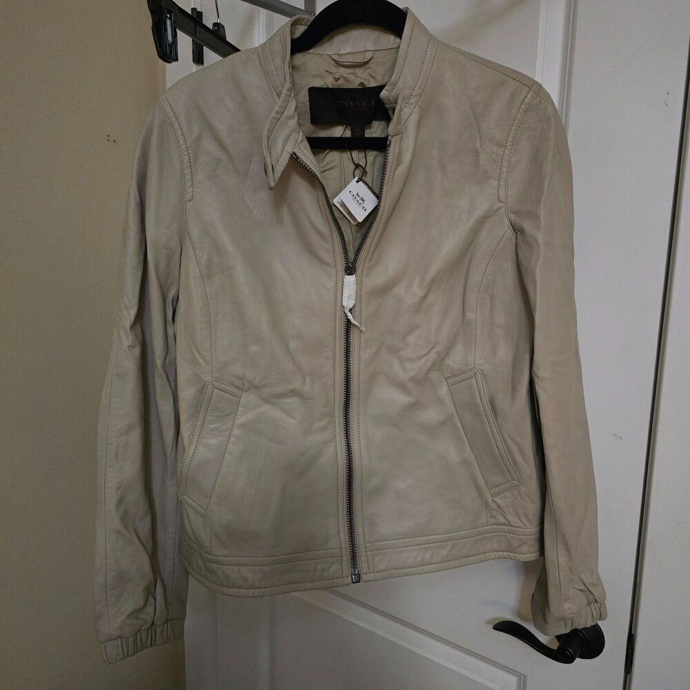 NWT Vintage Coach Taupe Leather Racer Moto Jacket Large